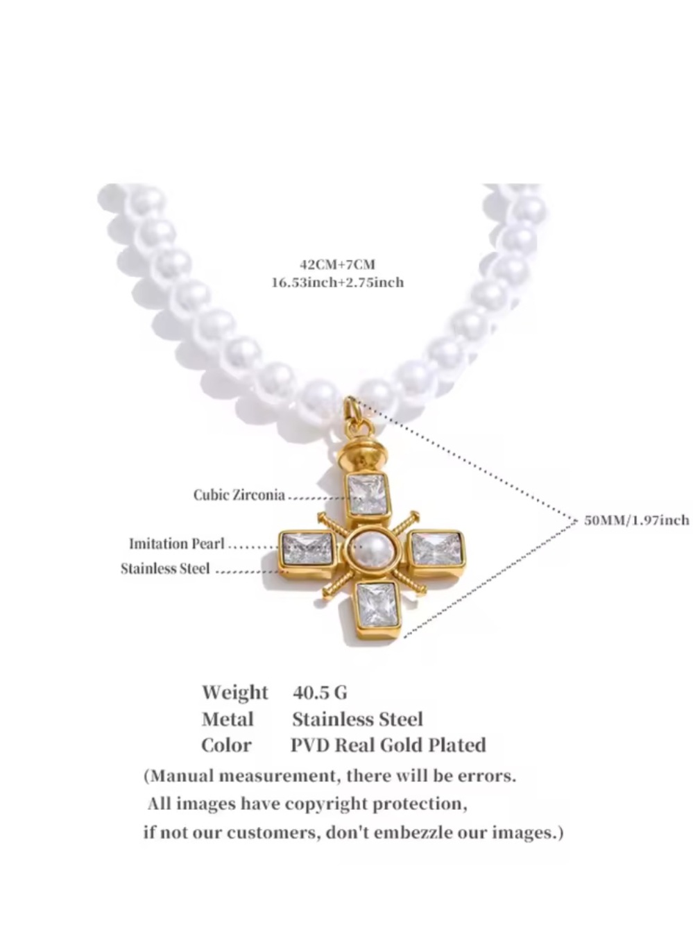 Gold Cross Pearl Pendant Necklace - Picture 6 of 16